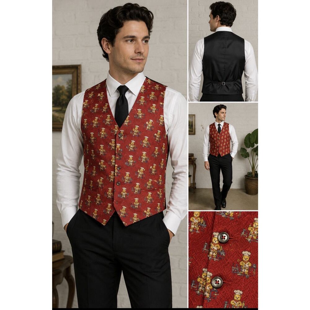 Vintage 100% Silk Vest Made In Italy Red Novelty Teddy Bear Chef Waistcoat